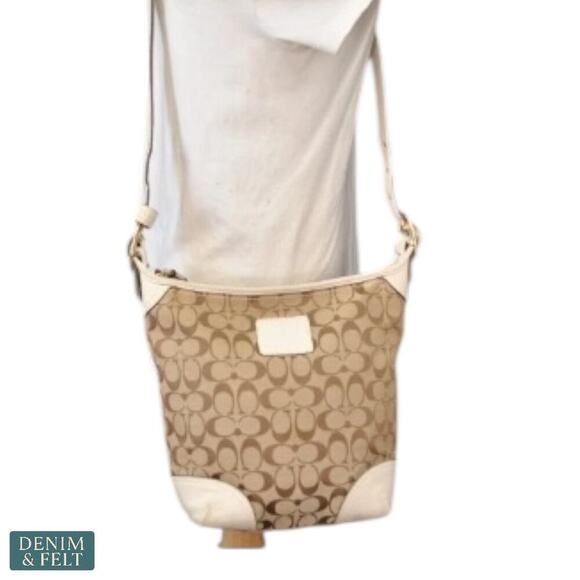 Coach Signature Canvas White Leather Trim Crossbody Shoulder Bag Lilac Lining - Picture 8 of 15